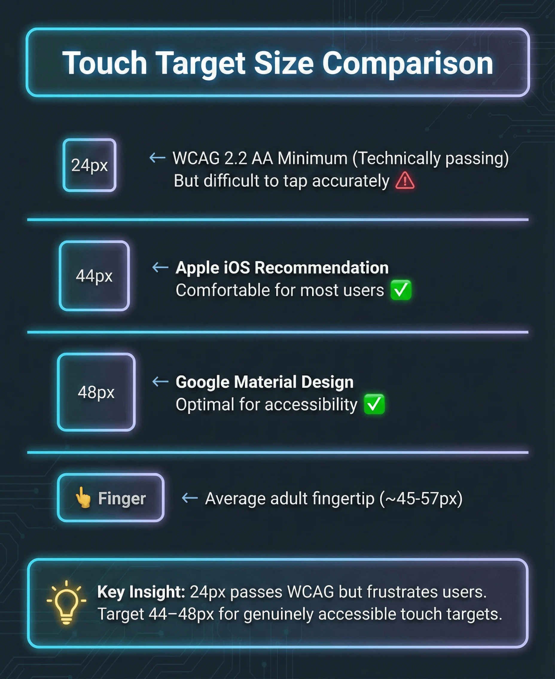 Touch target size comparison showing 24px WCAG minimum, 44px Apple recommendation, and 48px Google Material Design optimal size, compared to average adult fingertip size of 45-57px
